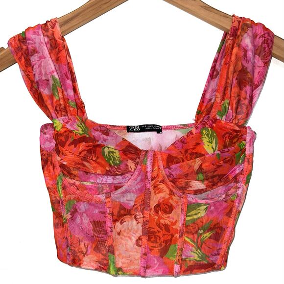 Zara Tops - Zara Floral Pink Mesh Bustier Corset Ruched Crop Top Size Small